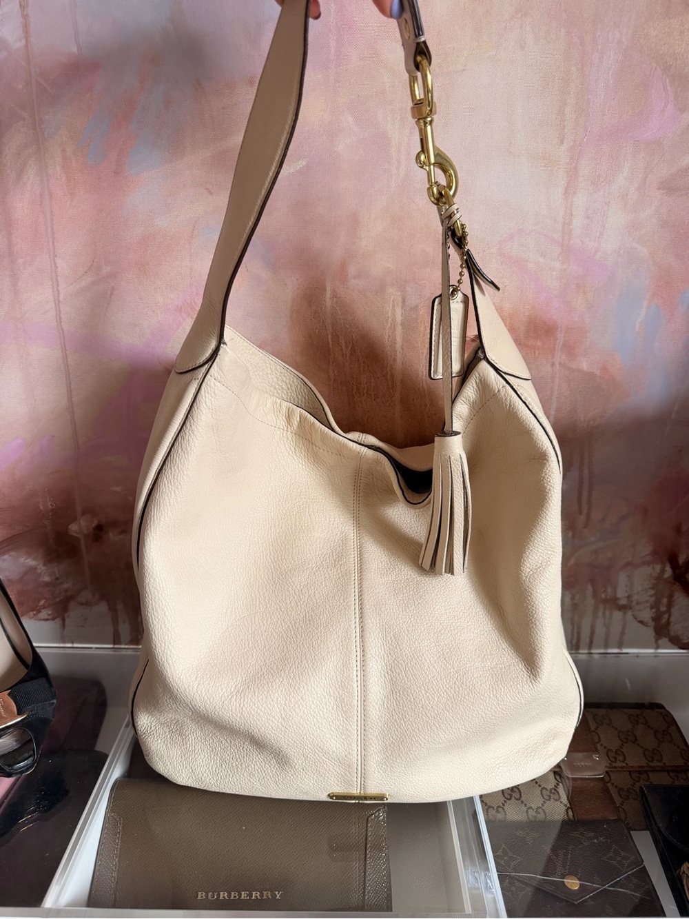 Coach Cream Leather Hobo Shoulder Bag with Tassel